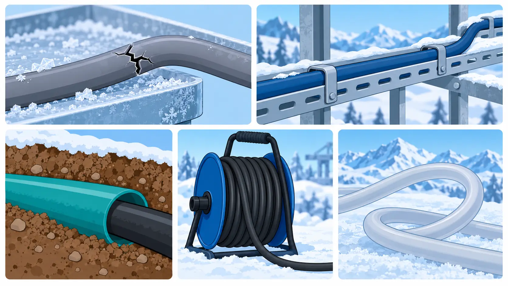 Flat infographic of cold weather cable checks: cold bend, cold impact, flex at temperature, laying temperature and storage condition, with a temperature scale showing where each test applies