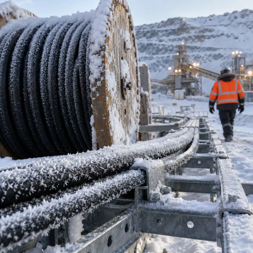 A snow-covered cable drum and a cable run on a steel tray at a winter mine site, hoar frost on the sheath and a worker in arctic clothing blurred in the background, no readable text, no labels