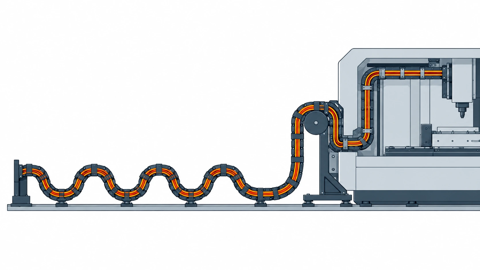Flat infographic of a face machine cable system split into three segments: a main gate trailing length, a handler loop at the machine and the in-machine harness, with a bend radius marker at the handler