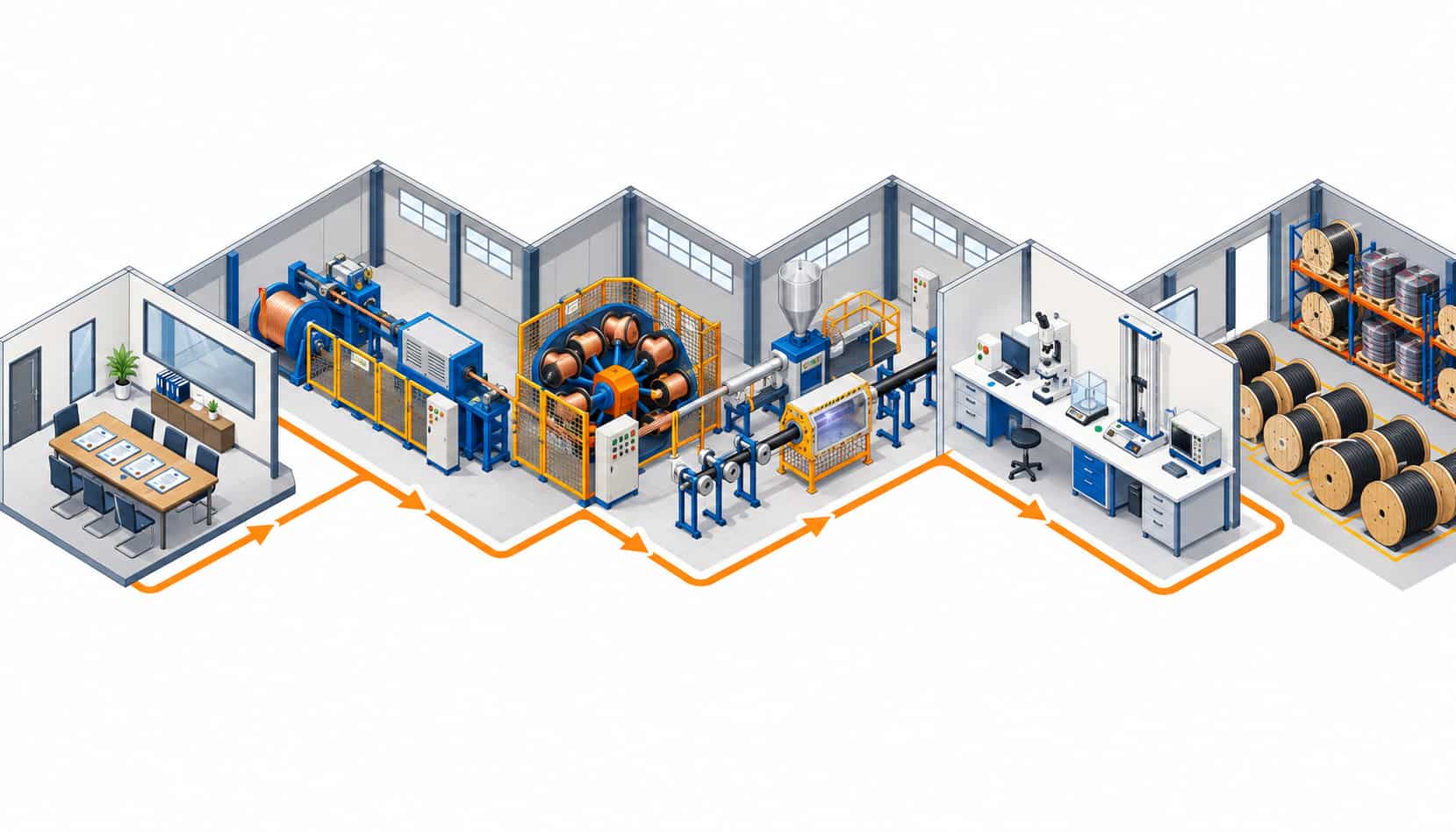 Isometric illustration of a cable factory audit route from the meeting room through production lines and laboratory to the warehouse