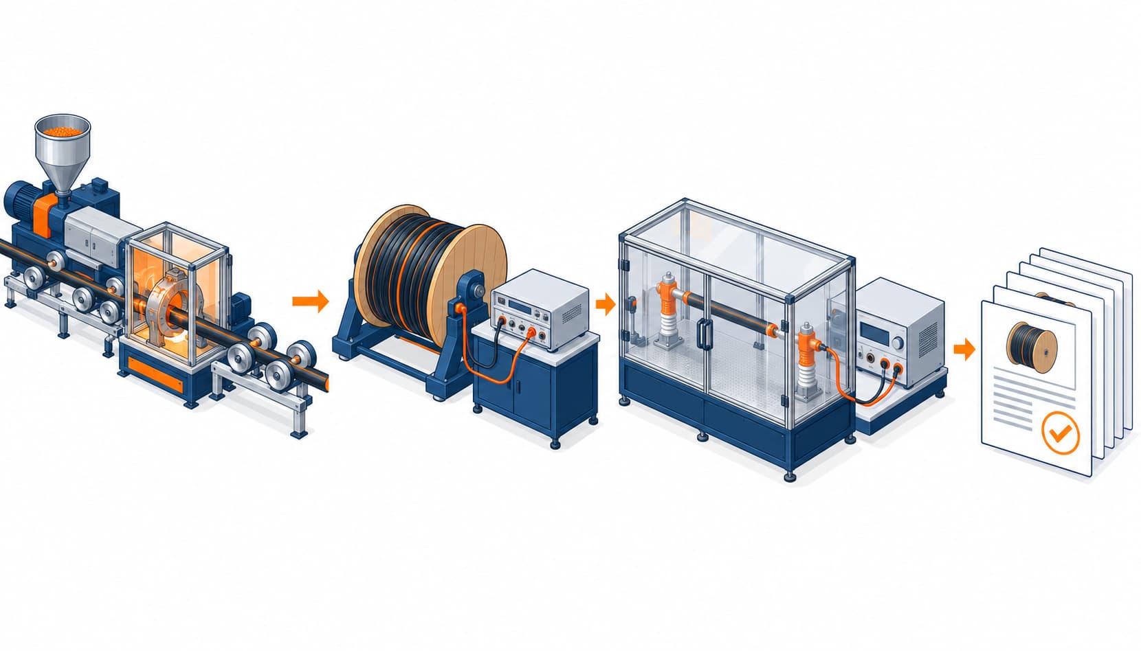 Isometric illustration of the test regime layers from spark test at extrusion to routine and batch evidence keyed to drums