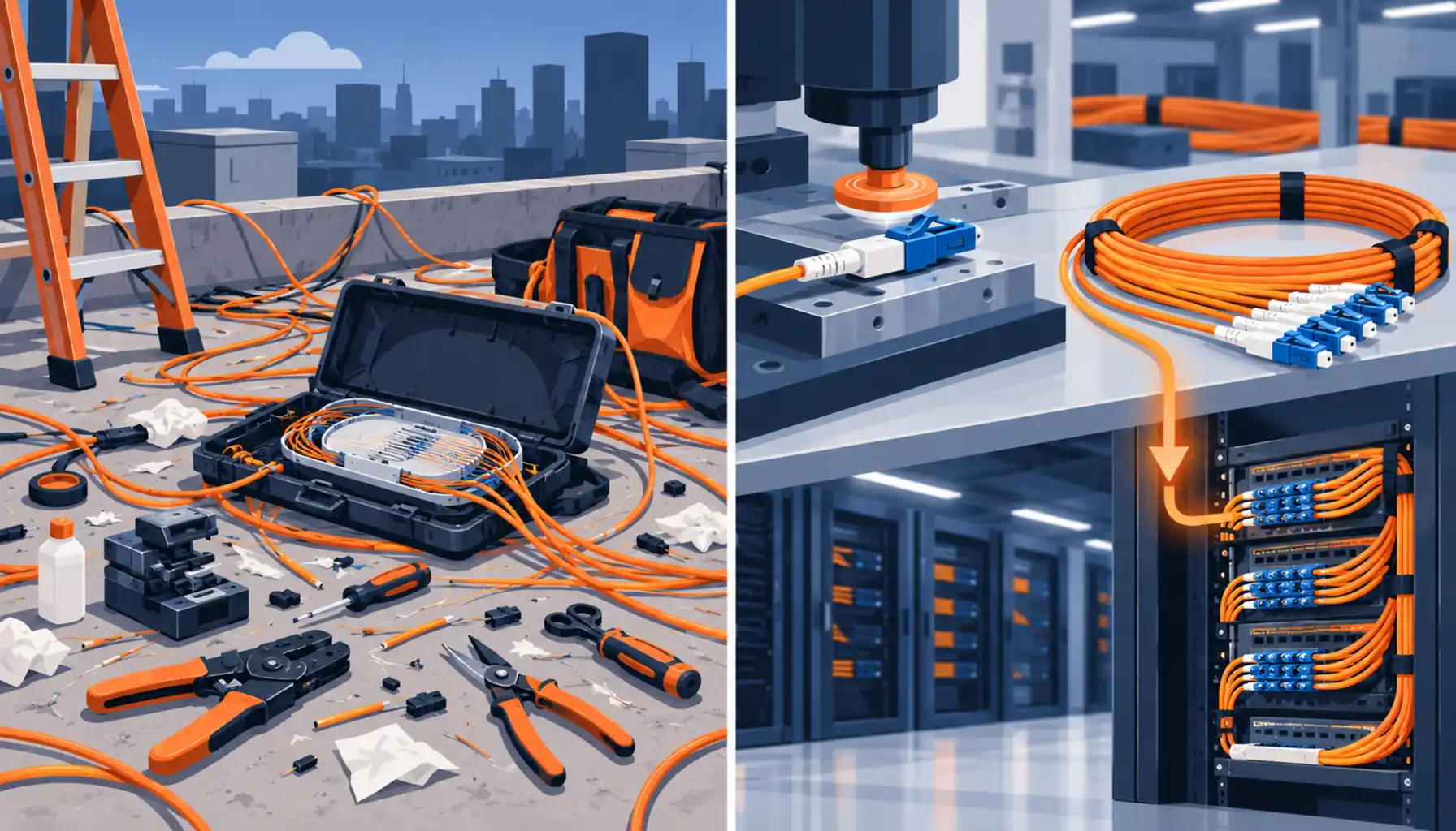 Flat infographic contrasting a messy ladder-and-tools termination scene with a calm factory bench and a tested trunk ready to pull