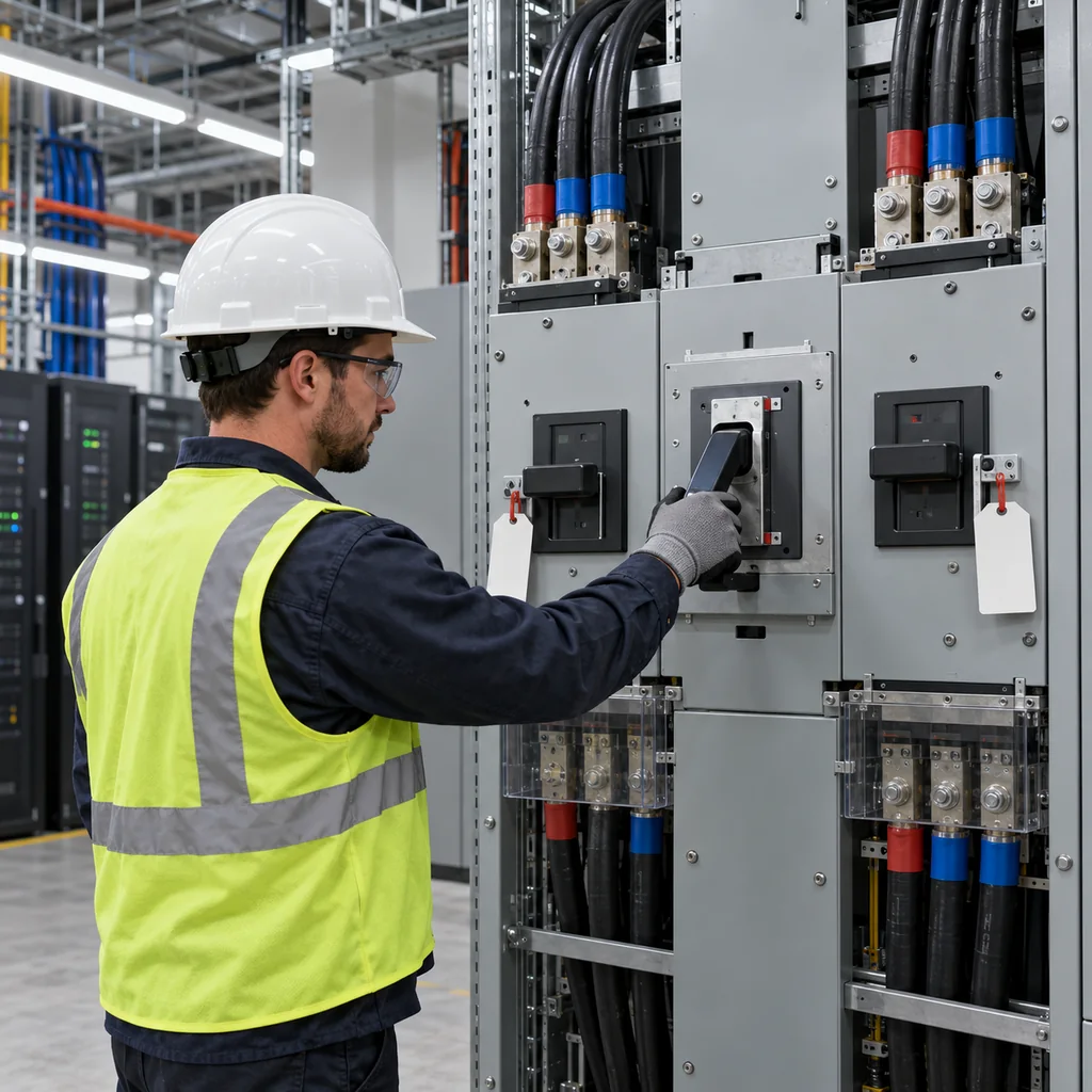 An electrical engineer operating a bypass switch on a switchboard in a data center electrical room, with dual incoming feeds, cable terminations and lock off tags visible on the panel
