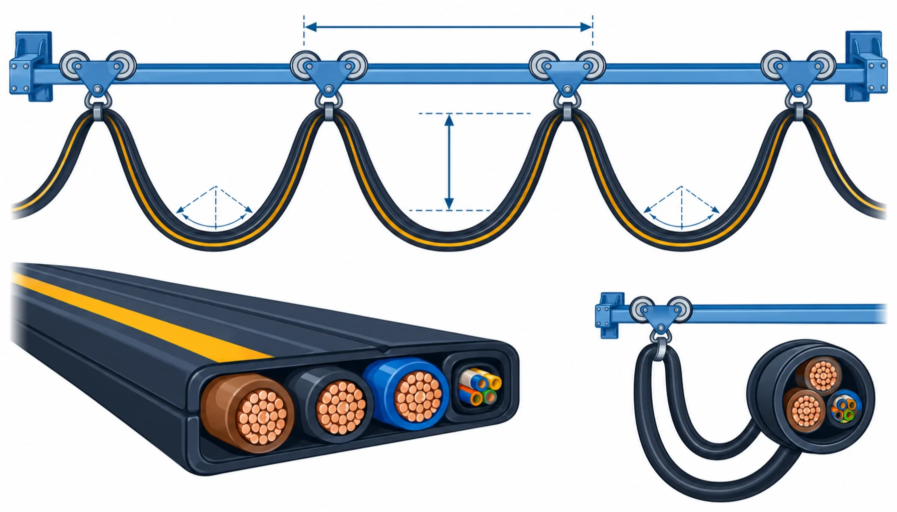 Flat infographic of festoon cable geometry: a track with trolleys and hanging flat cable loops, the saddle radius marked at each fold, the loop length and sag dimensions drawn, and the clamp and end terminations highlighted