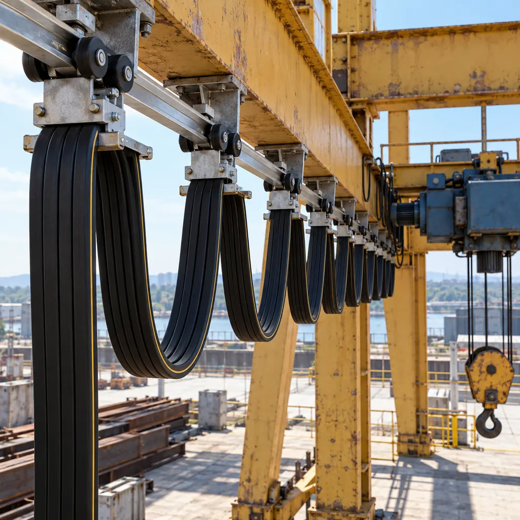 A festoon system on a site gantry with flat cable hanging in neat loops between trolleys, the track running toward a hoist station, weathered steel structure and daylight, no readable text, no labels