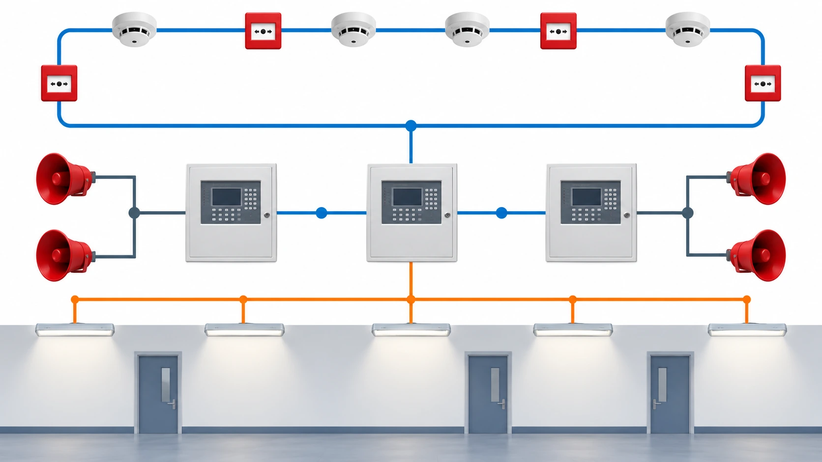 Flat infographic of alarm and emergency lighting duties: a detection loop with devices, a sounder circuit, a network backbone between panels, and an emergency lighting final circuit with luminaires