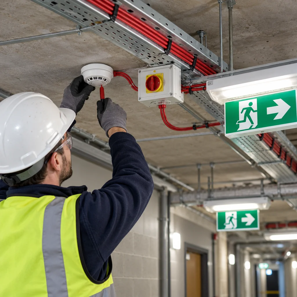 A service corridor ceiling void with a fire alarm loop cable in a tray and emergency luminaires mounted along the soffit, a technician testing a detector head beside an isolator, clean lighting, no readable text, no labels