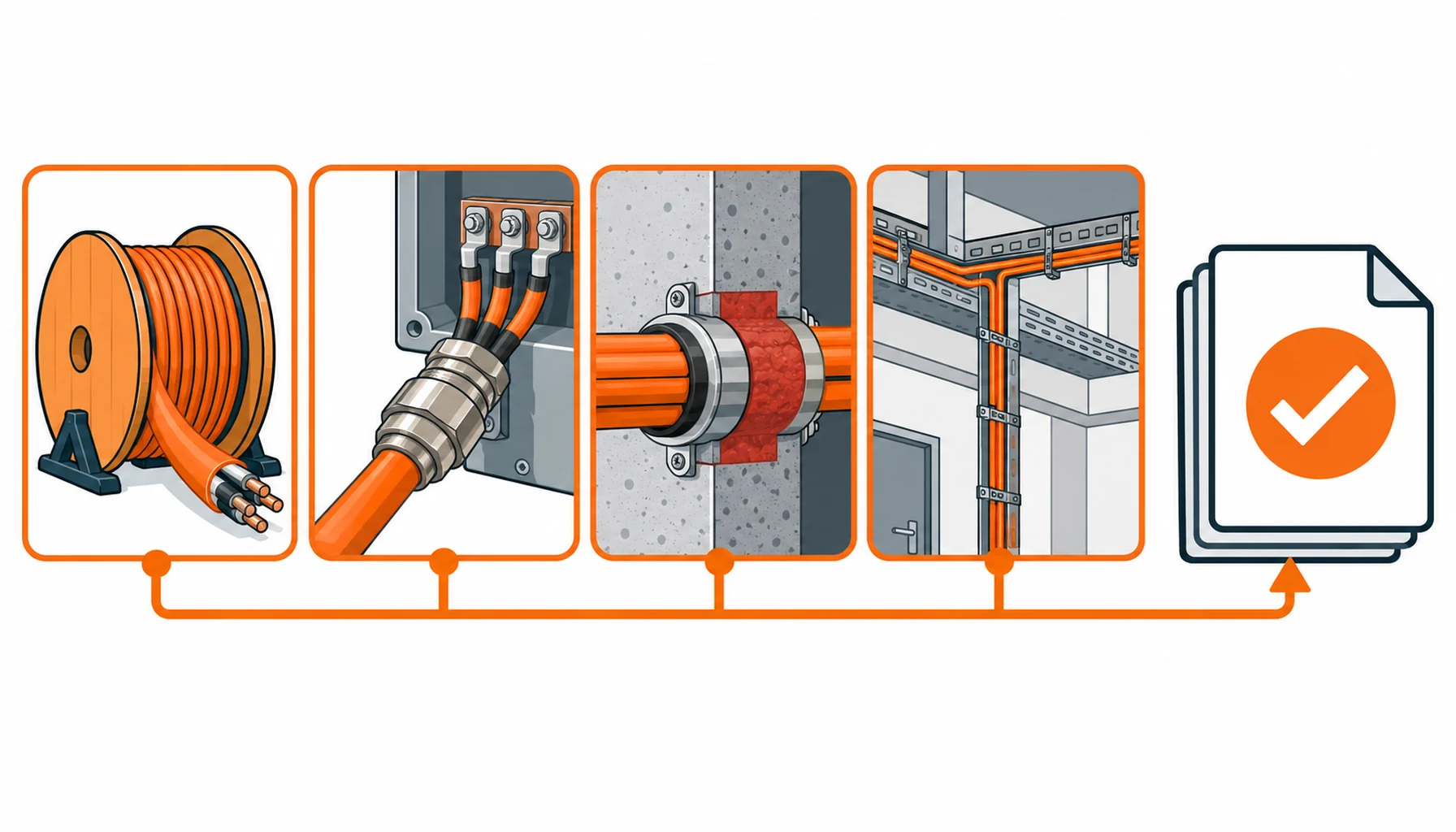 Flat infographic of the fire supply evidence chain: a cable drum, a gland and termination, a firestop penetration and a route drawing, each linked to a single system approval document
