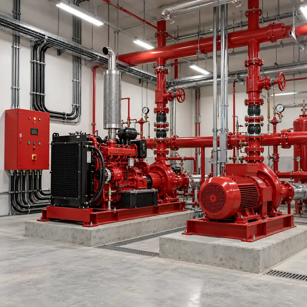 A fire pump room with a diesel and an electric pump set on plinths, thick fire-rated cable running in steel conduit from the control panel along the wall, valves and pipework overhead, clean industrial lighting, no readable text, no labels