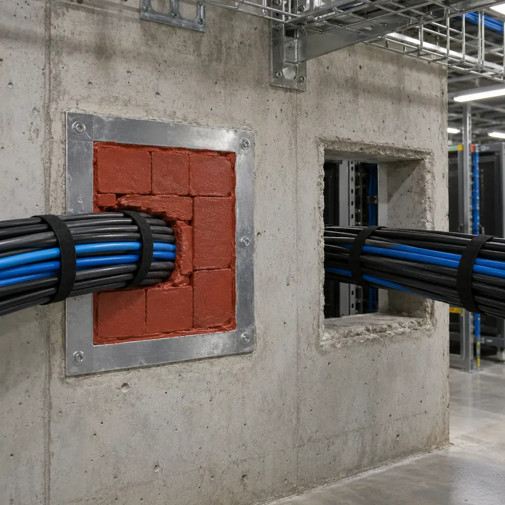 A concrete wall penetration in a data center with a firestop seal of intumescent blocks around a bundle of cables, sealed and labelled, beside a second penetration still open