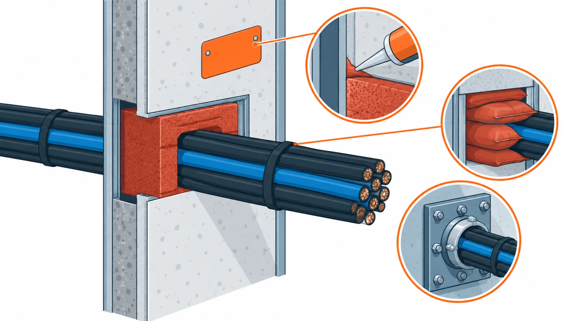 Flat infographic comparing six firestop cable penetration seal families for data centers: sealant, mortar, intumescent pillows, blocks, composite sheets and mechanical gland plates drawn as separate penetration details