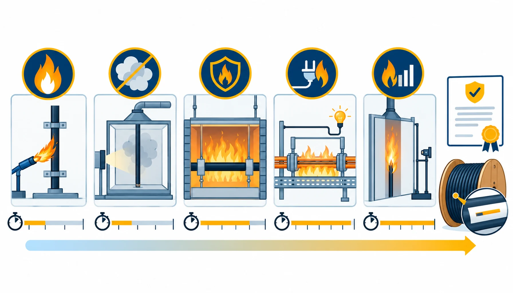 Flat infographic of cable fire performance families: five cable samples in a test ladder arrangement with a temperature and time scale beside them and a classification band along the bottom