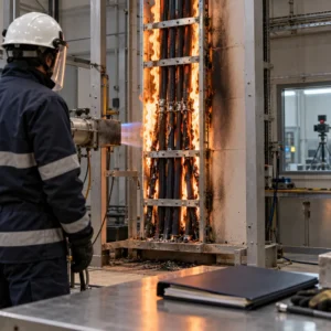 A fire test rig in a laboratory with cable samples mounted on a ladder tray and a technician in protective clothing observing, scorch marks on the tray and a certificate folder on a bench in front, no readable text, no labels