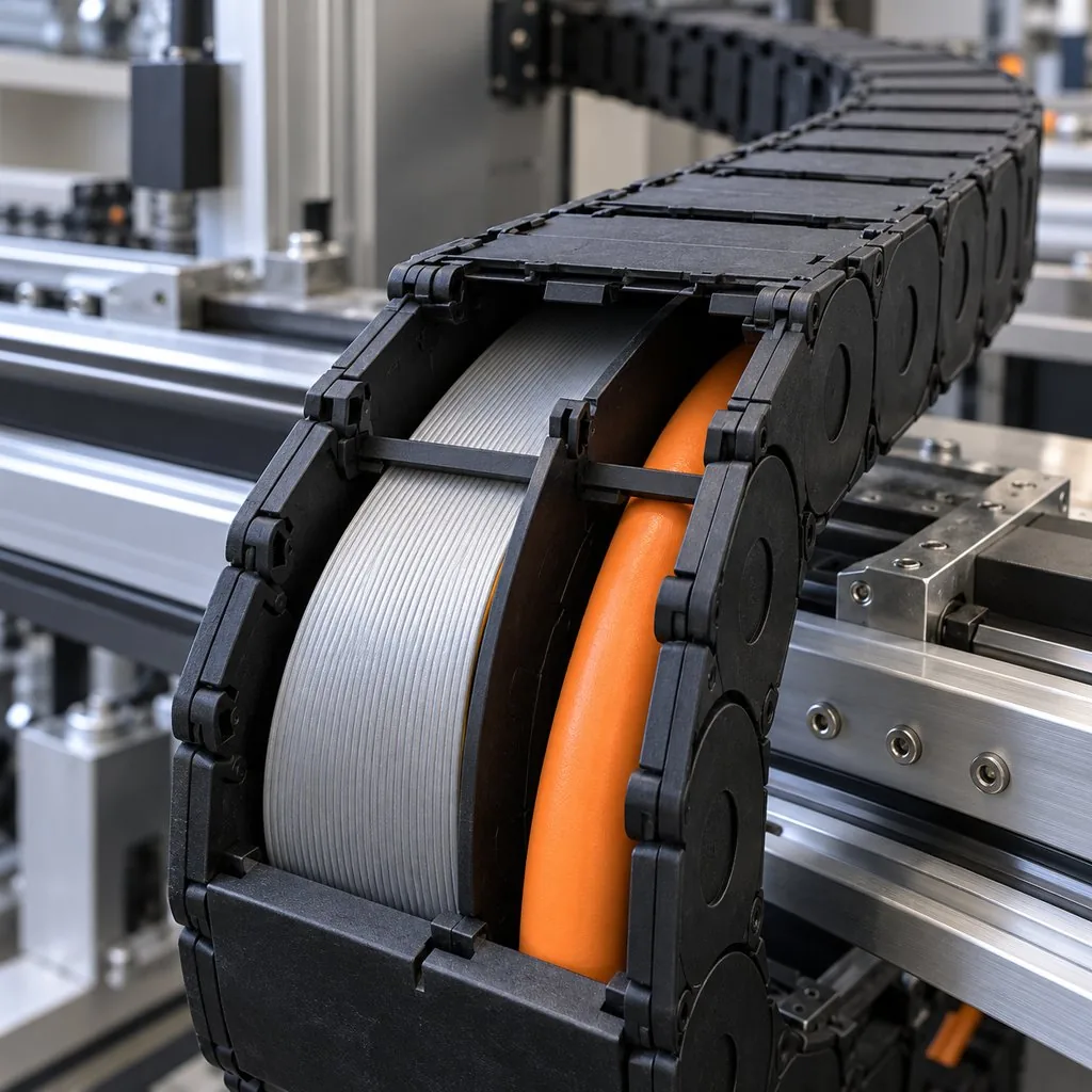 A flat cable and a round cable lying side by side inside an open cable carrier on a production machine