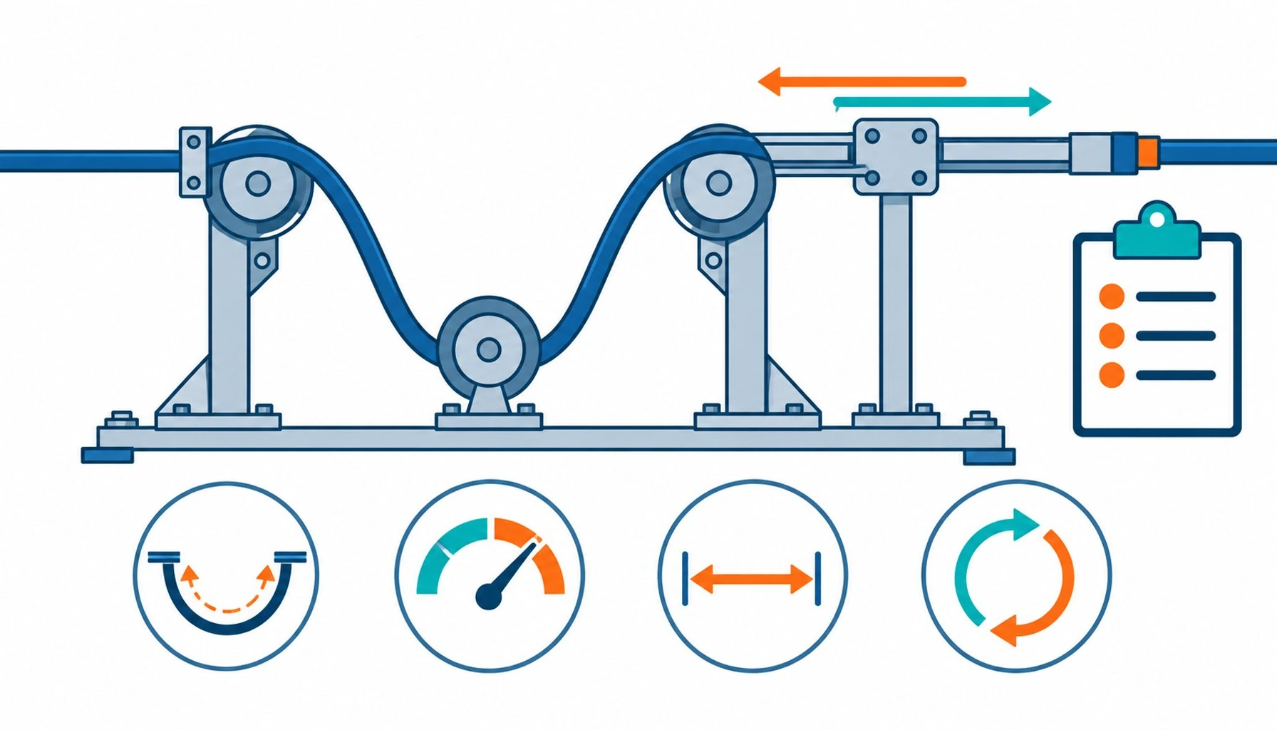 Flat infographic of a flex test rig with a cable loop over rollers, arrows showing travel direction, and parameter icons for radius, speed and cycles