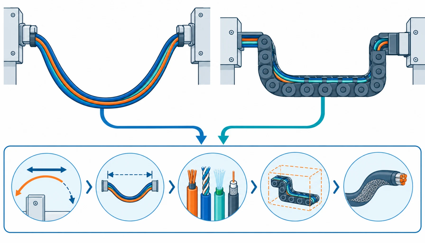 Flat infographic of two motion paths, a free looping cable between fixtures and a guided chain path, feeding a five step decision checklist