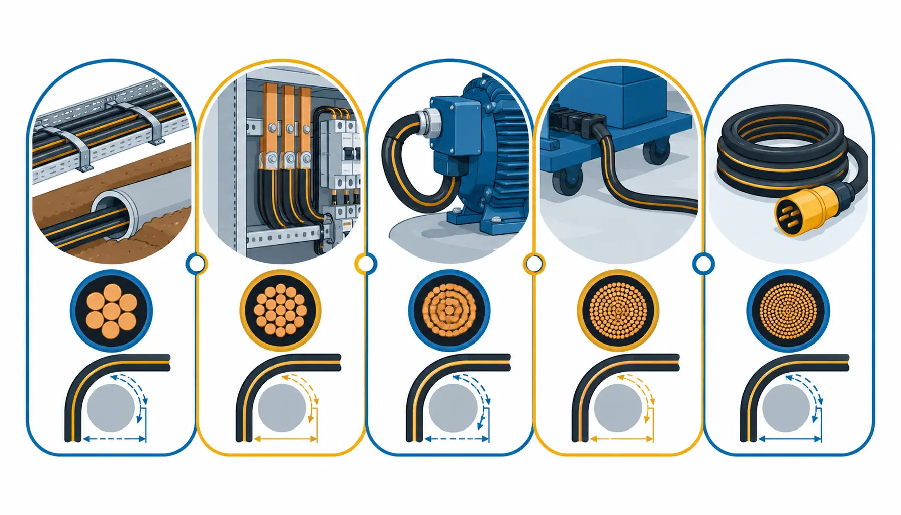 Flat infographic of conductor class by duty: five duty panels from a fixed tray and buried run to a trailing machine cable, each with a simplified cable cross-section showing the strand build and a marker for the bend radius in service