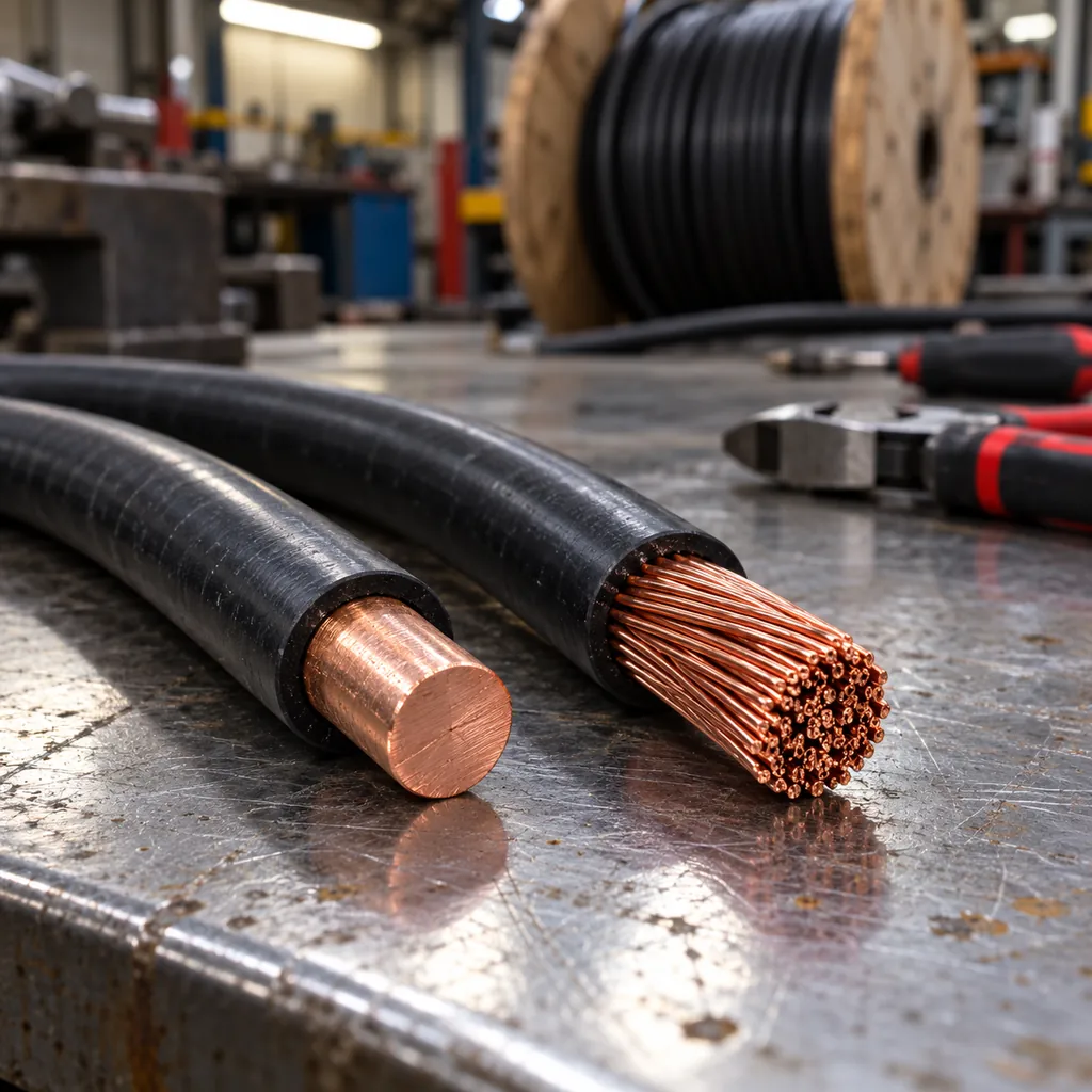 Two cut cable samples side by side on a steel bench, one showing a solid single-strand conductor and one a finely stranded flexible conductor, cable drum and hand tools blurred behind, workshop lighting, no readable text, no labels