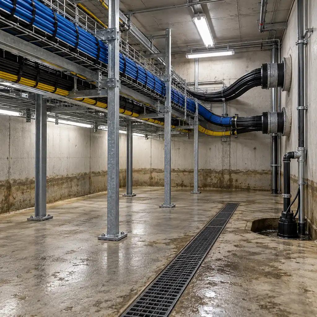 A data center cable vault with a raised cable tray system above a concrete floor marked with a visible water line, a drainage channel and a sump pump, cable ducts entering through the wall, industrial lighting, no readable text, no labels