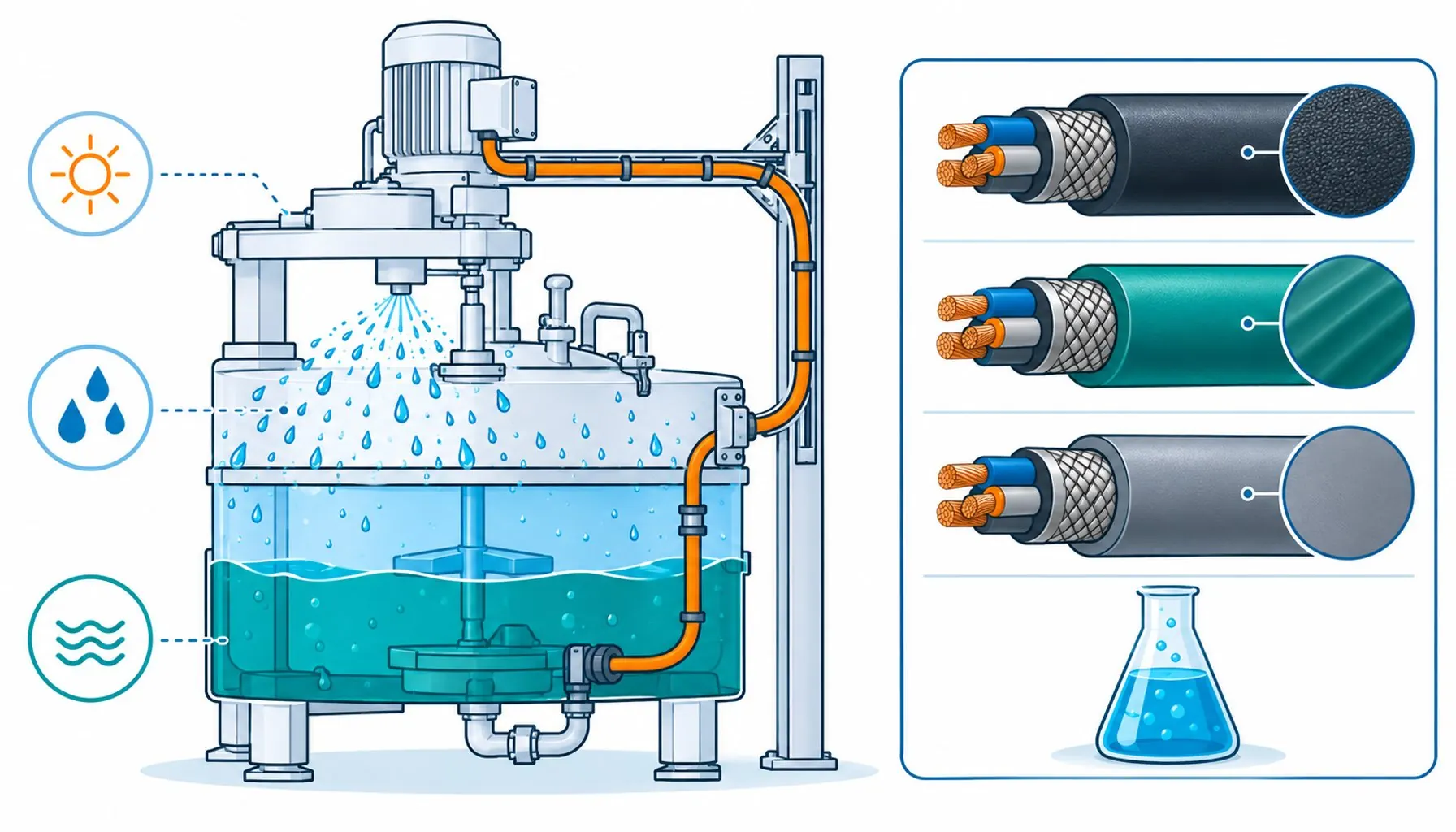 Flat infographic of a machine divided into fluid zones with jacket compound icons and an immersion test panel