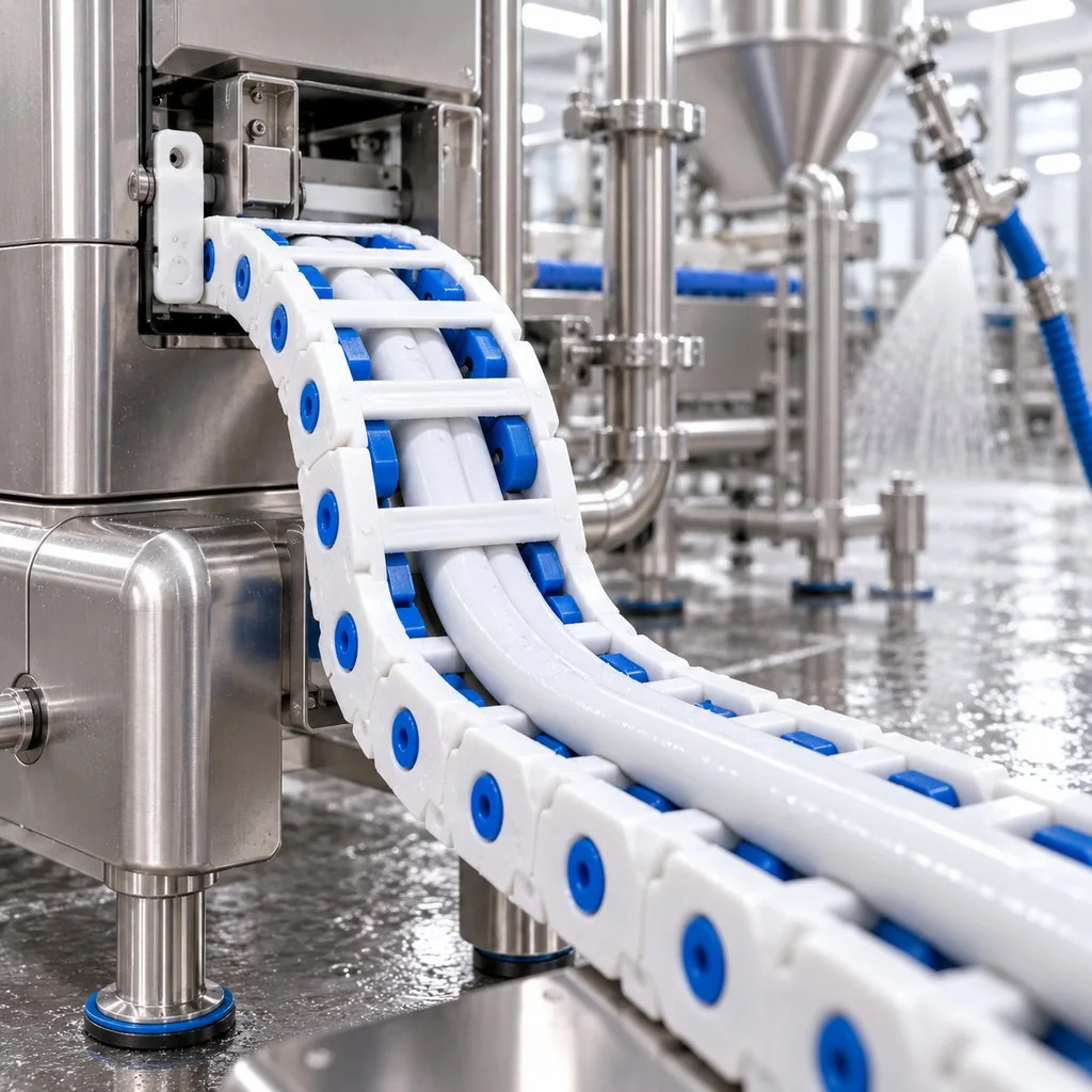 A smooth white motion cable routed through a cable carrier on packaging machinery in a food plant, stainless steel surfaces and washdown equipment in the background