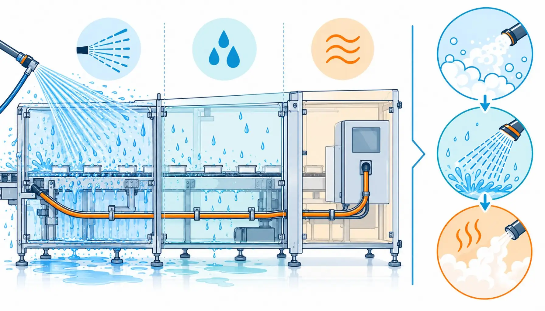 Flat infographic of a cleaning cycle with foam, rinse and steam icons beside a machine divided into wet, splash and dry zones