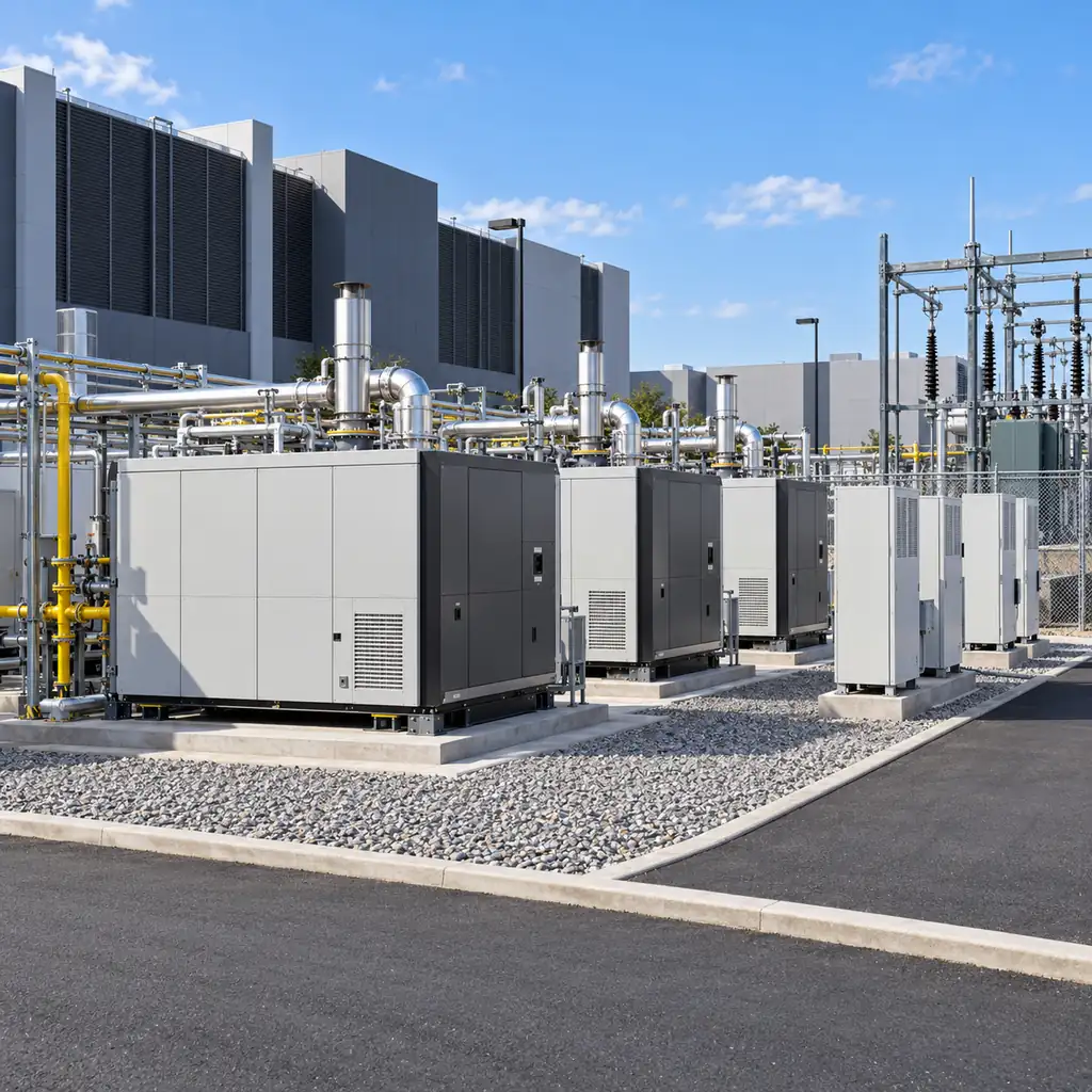 A row of solid oxide fuel cell modules installed outdoors at a data center campus with fuel pipework, inverter cabinets and a small substation adjacent, clean industrial daylight lighting, no readable text, no labels