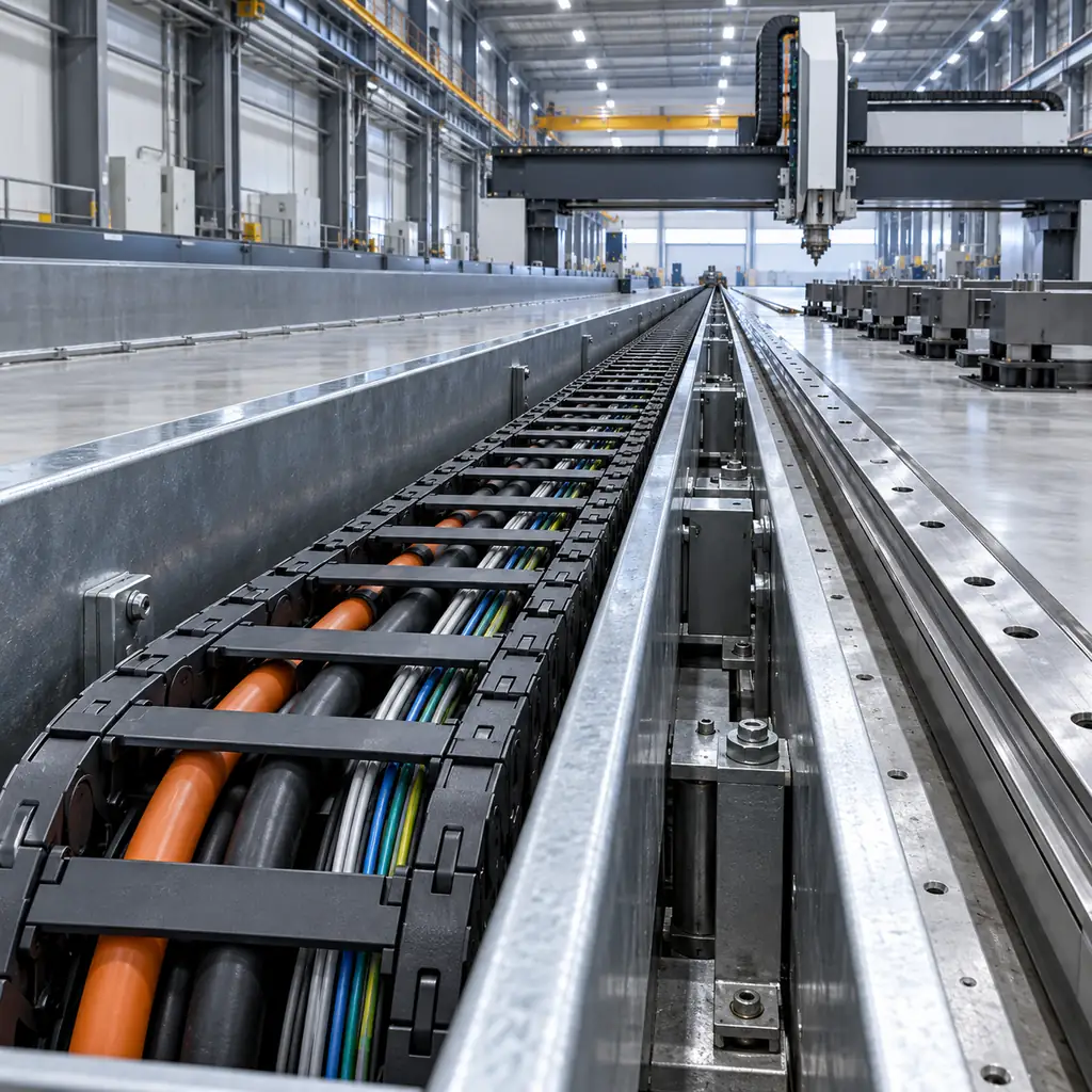 A long-travel gantry axis with a steel-reinforced cable carrier running in a trough beside the rail, power and data cables visible inside the chain links