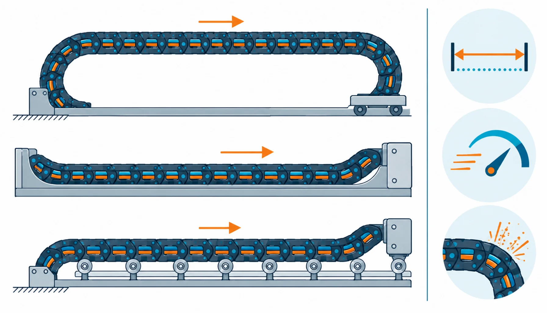 Flat infographic comparing three long-travel chain arrangements, self-supporting span, gliding chain in a trough and rolling chain on rails, beside a duty icon panel