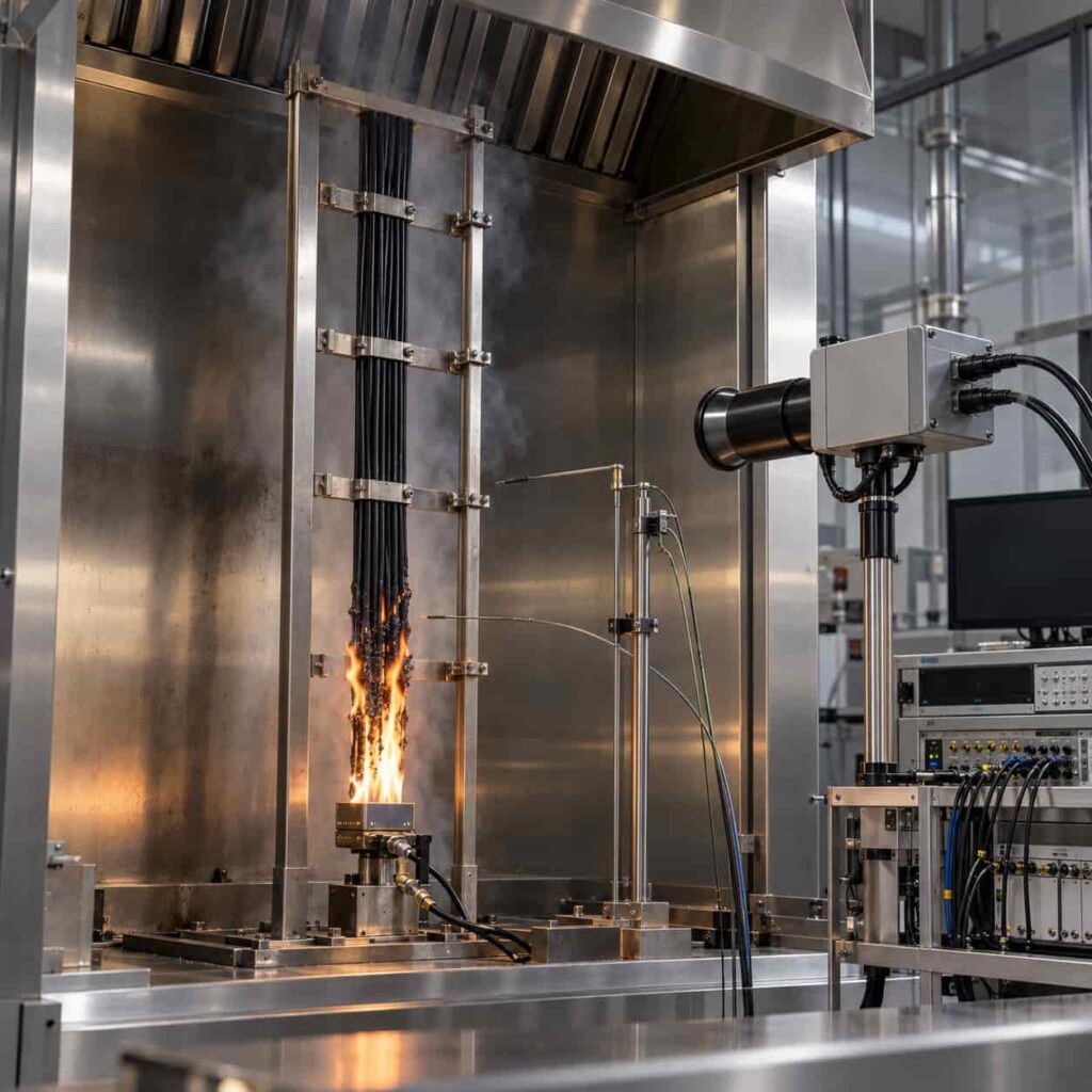Cable sample in a burning behavior test rig with controlled flame source and smoke measurement instrumentation