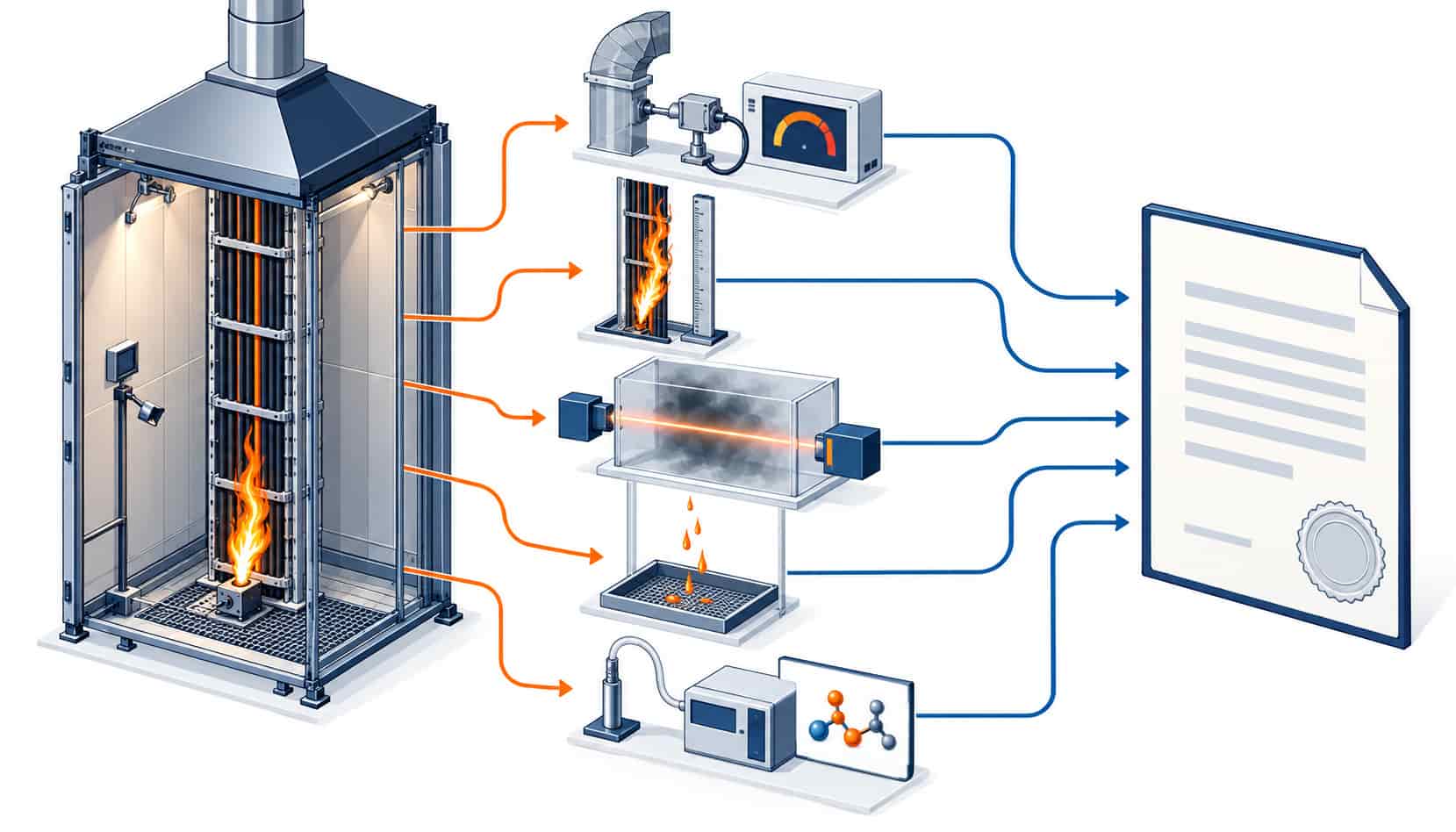 Isometric illustration of the burning-behavior grading rig measuring heat, spread, smoke, droplets and toxicity into a class certificate