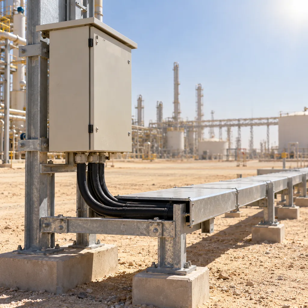 An industrial control panel installed outdoors in a desert plant with cable running through a protected tray, bright sunlight on the enclosure
