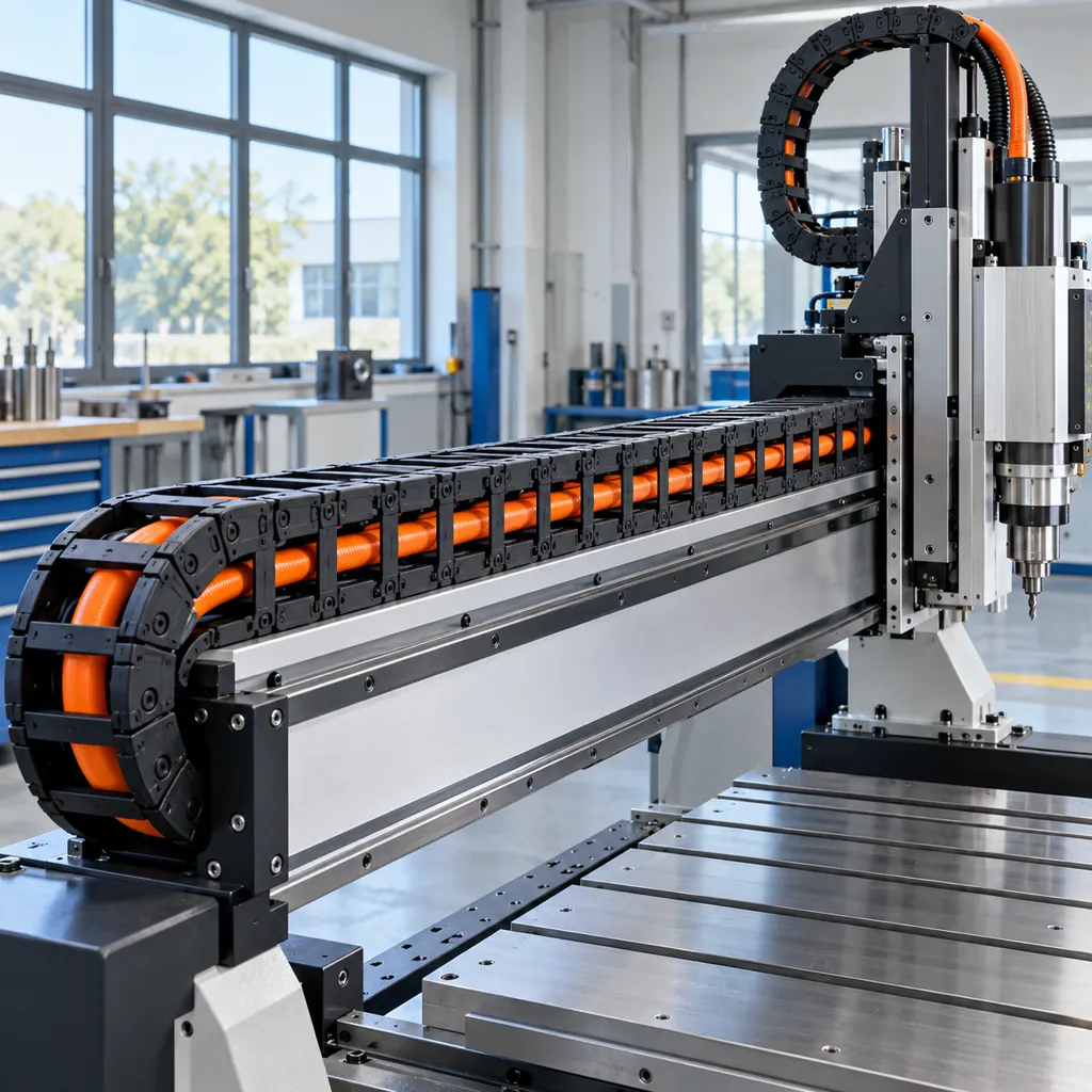 A German machine tool with a long cable carrier running along its X axis, orange flexible cable visible inside the open chain