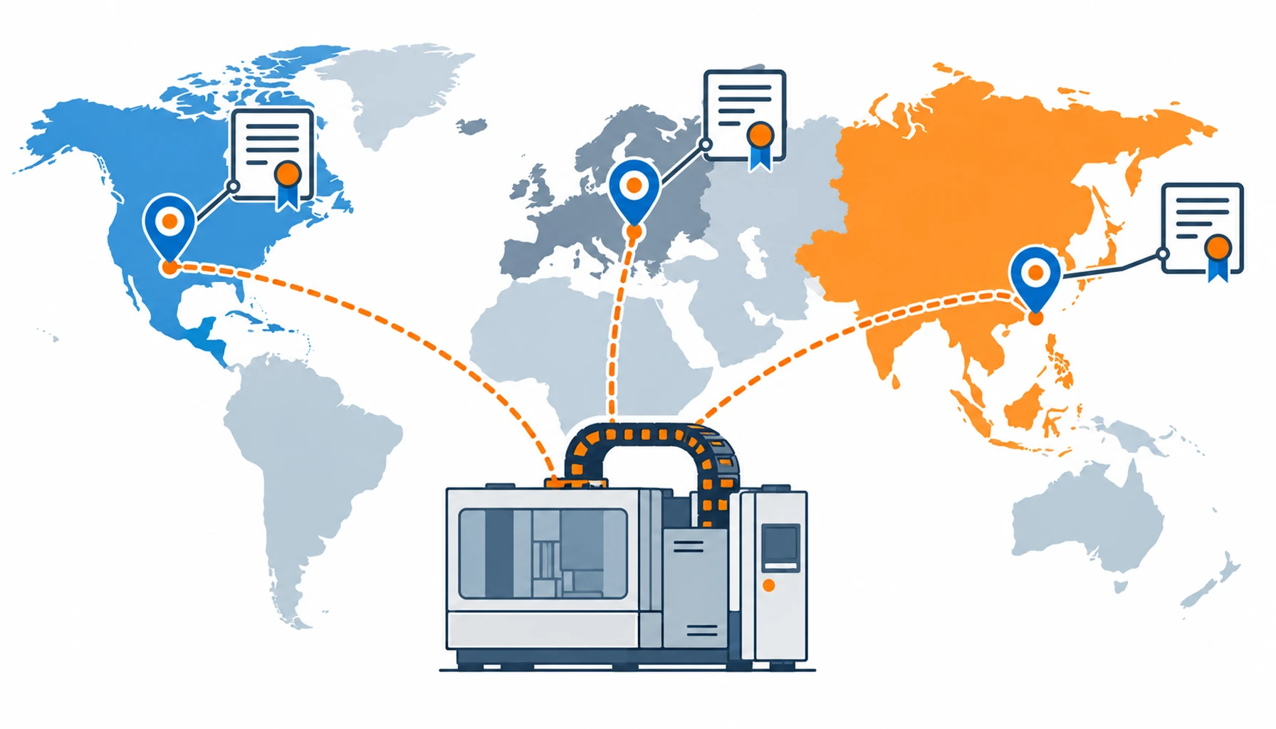 Flat infographic of a machine export map with a cable carrier icon linked to destination markers each carrying a certificate badge