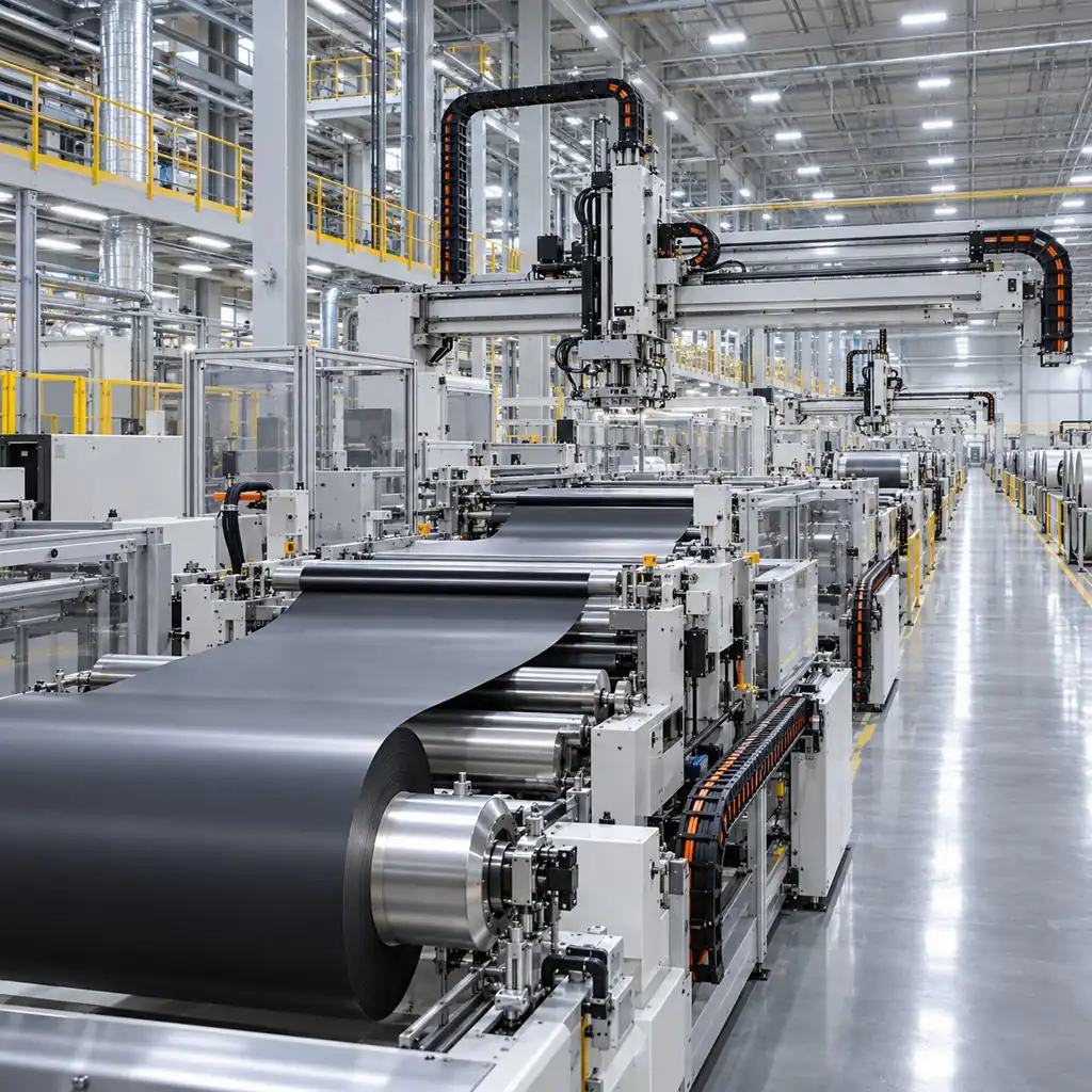 A battery cell production hall with long automated electrode lines and robot gantries, cable carriers running along the production modules