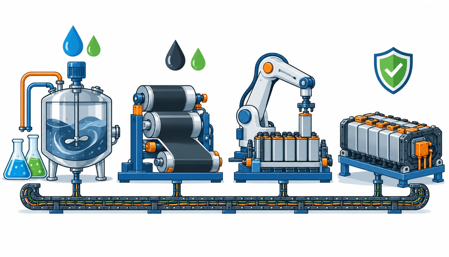 Flat infographic of a battery production line from mixing to pack assembly with cable requirement icons per zone