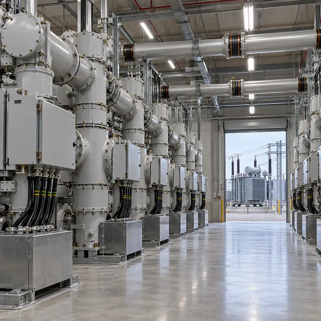 A gas insulated switchgear hall in a data center substation with metal enclosed bays in rows, busbar connections and cable boxes at the base of each bay, a transformer outside the door visible through the opening, industrial lighting, no readable text, no labels