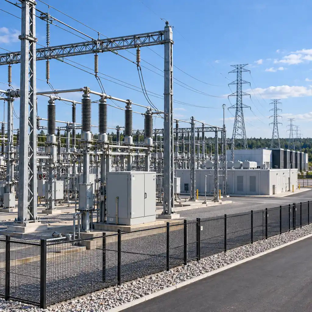 A high voltage substation at a data center campus boundary with incoming transmission gantries, instrument transformers, a metering cubicle and switchgear buildings, transmission towers receding into the distance, clear industrial daylight, no readable text, no labels