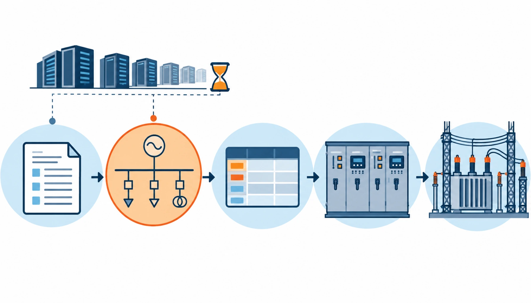 Flat infographic comparing four grid connection routes for large data center loads: a conventional firm connection, a flexible or non firm connection, a partial connection with on site generation and an island capable campus