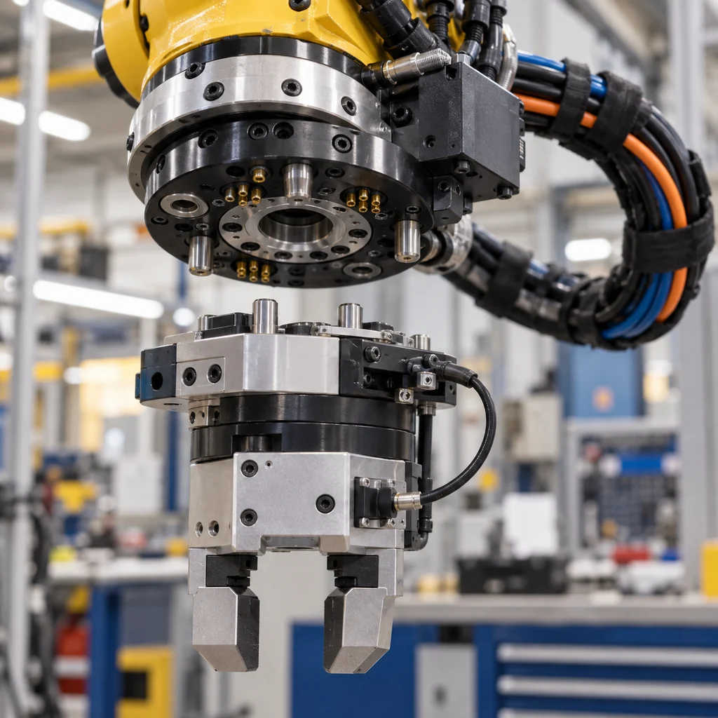 Photorealistic scene: a robot tool changer interface with a cable bundle and a connector loaded module beside it, a gripper with a small sensor cable, spring pin contacts visible on the mating face, a service loop behind, workshop lighting, no readable text, no labels