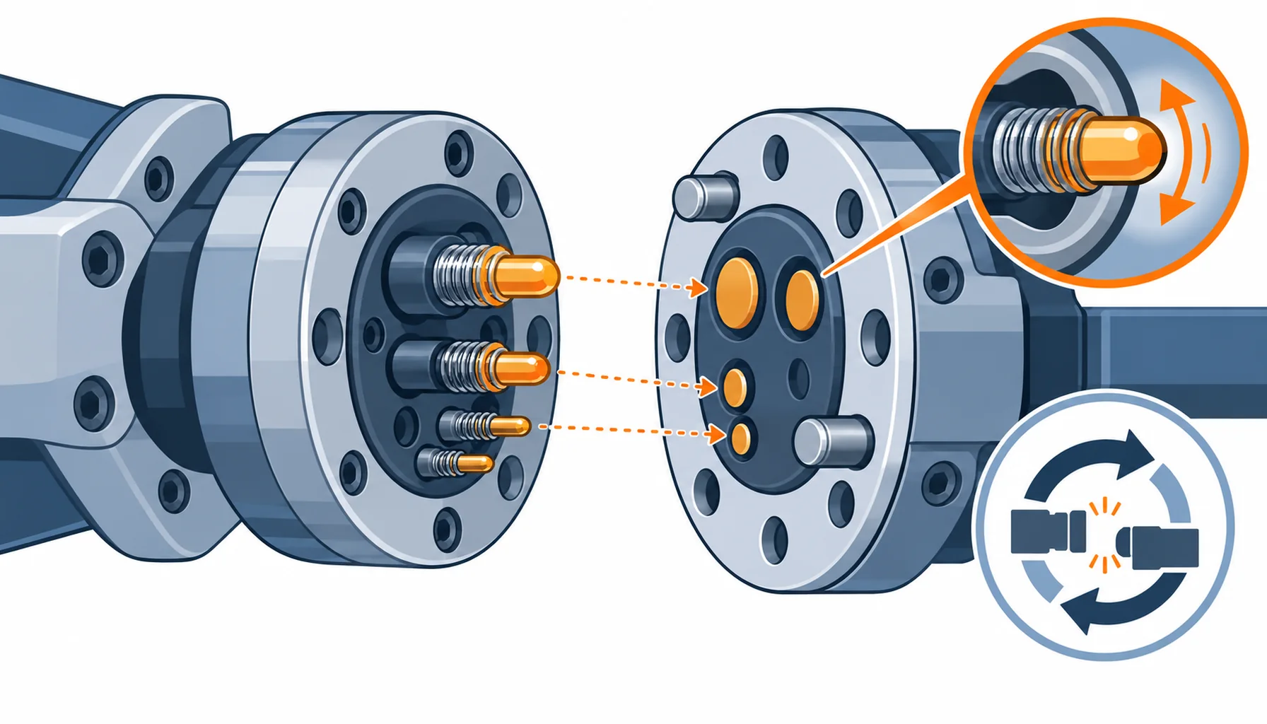Flat infographic comparing five cable solutions for grippers and tool changers: a fixed gripper wired directly, a quick change module with its own contacts, spring pin contacts, a contactless inductive coupling and a drag chain or cable reel for follow the motion power