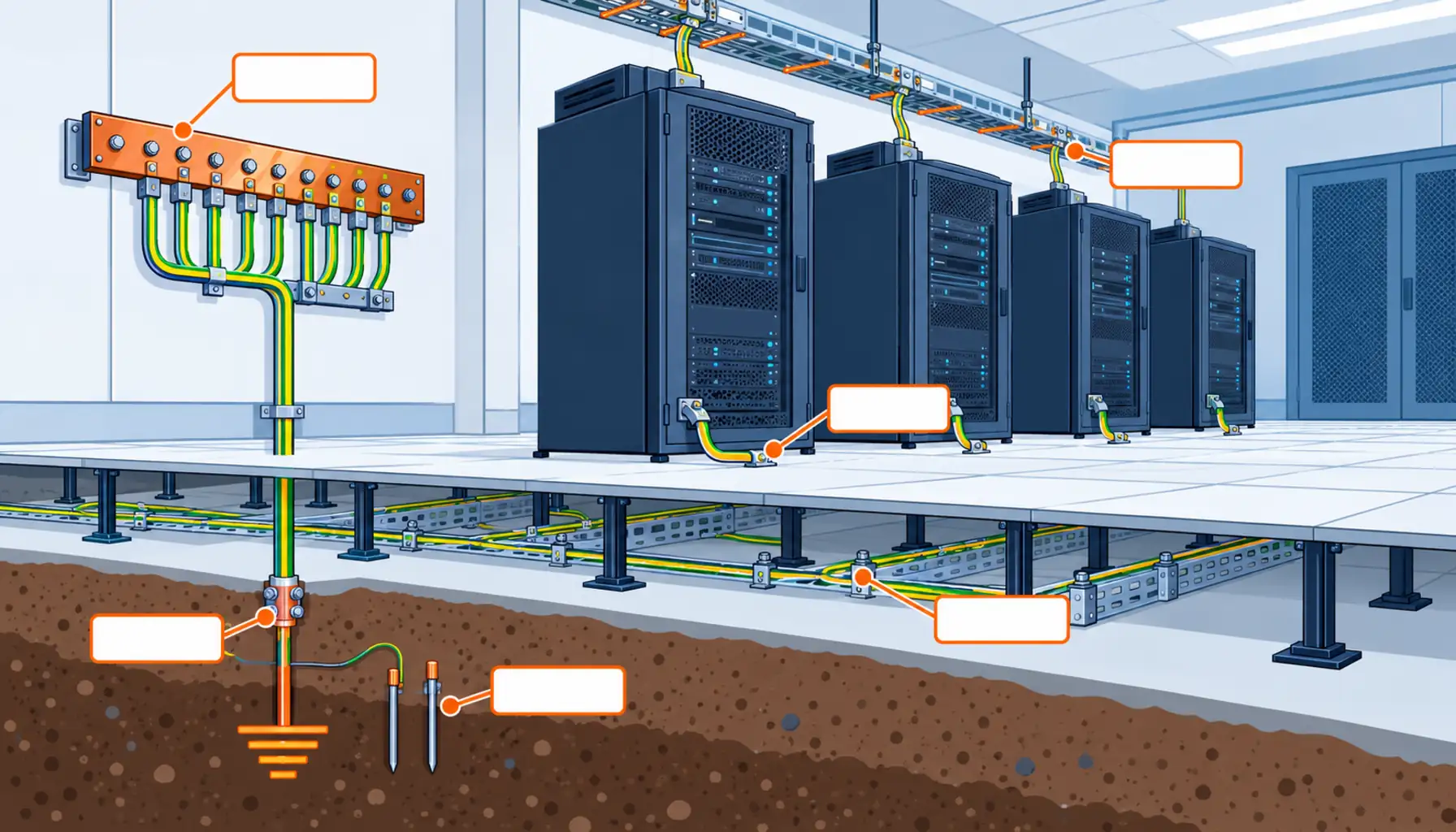 Flat infographic comparing five grounding and bonding verification scopes for a data center: visual inspection only, per conductor continuity, continuity plus earth electrode resistance, whole path loop impedance verification, and independently witnessed verification