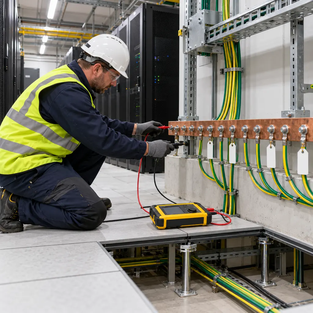 A technician measuring earthing continuity on a data center equipotential bonding bar, with bonding jumpers to racks and cable trays visible and a low resistance ohmmeter connected