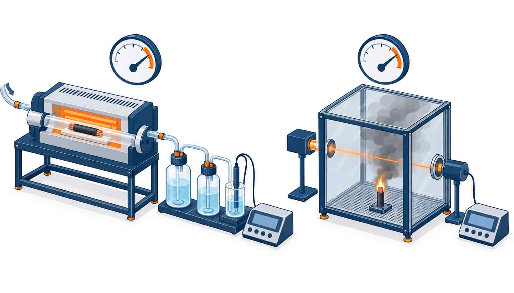Isometric illustration of two test stations measuring acid gas release and light transmittance through smoke