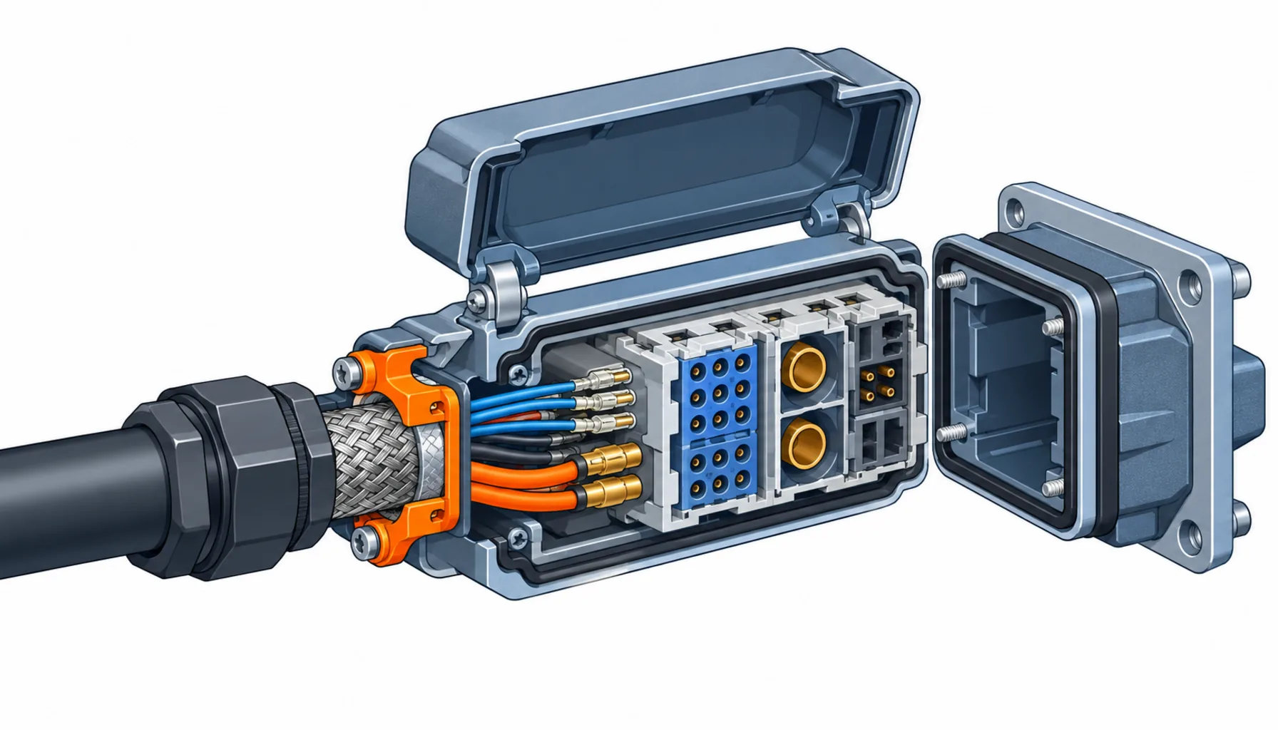 Flat infographic comparing five heavy-duty rectangular connector insert families: a multipole signal insert, a power insert, a high-current single-pole contact pair, a hybrid insert carrying power signal and data zones, and a hood with gland and gasket system