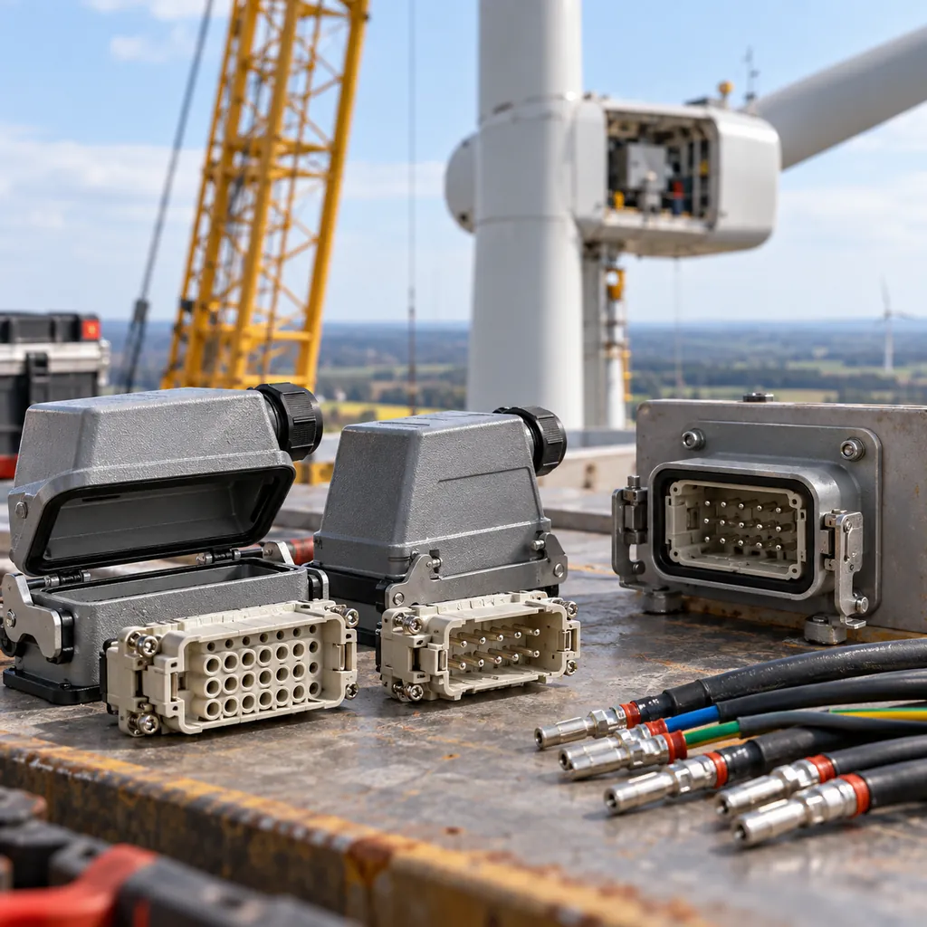 Heavy-duty rectangular connector hoods and insert modules laid out on a workbench beside a bulkhead housing and crimped cable ends, a crane mast and nacelle blurred in the background, industrial daylight, no readable text, no labels