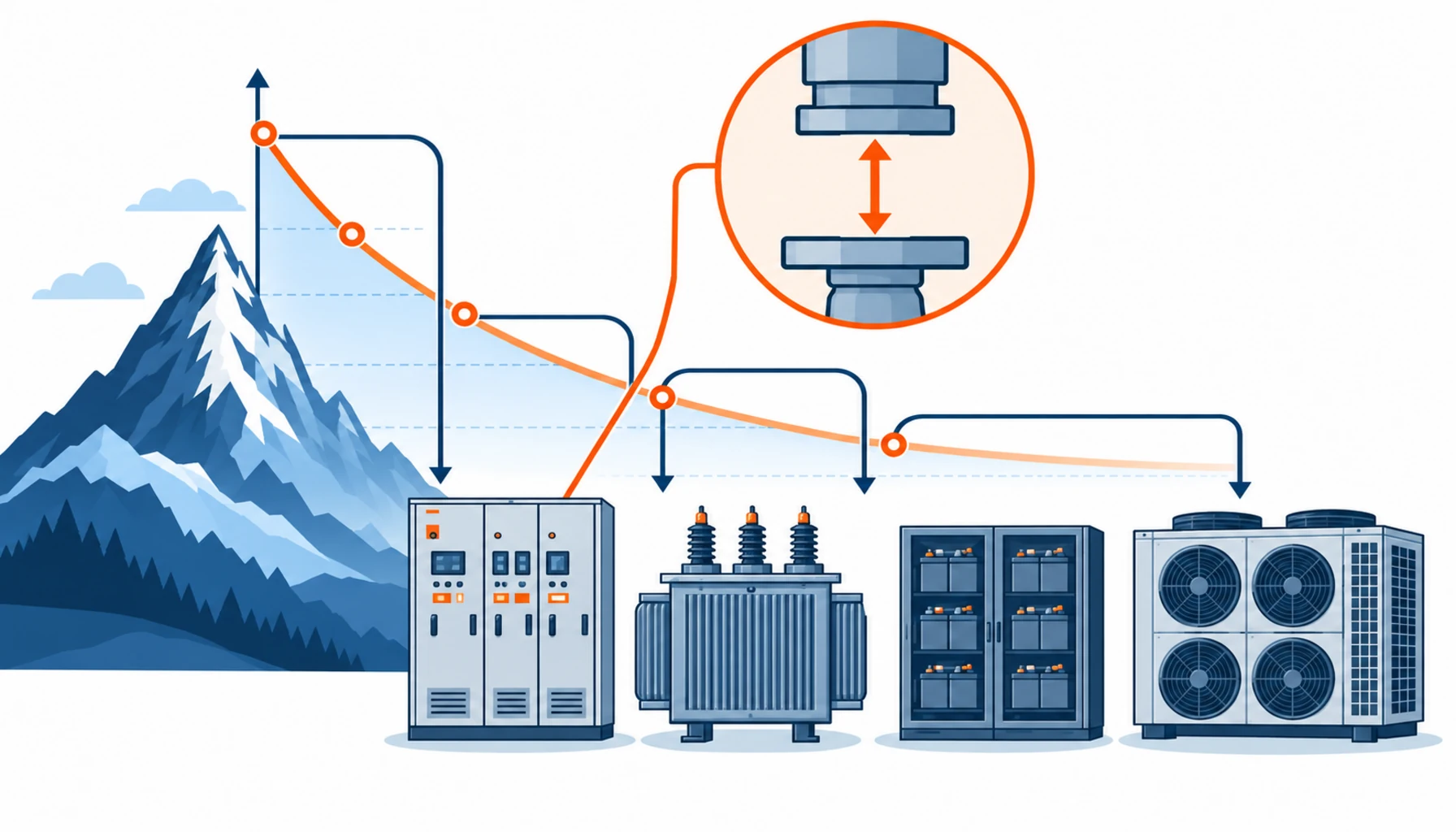 Flat infographic comparing four strategies for handling altitude derating in a data center: derating the standard product, buying one rating step higher, specifying an altitude rated product and increasing cooling capacity