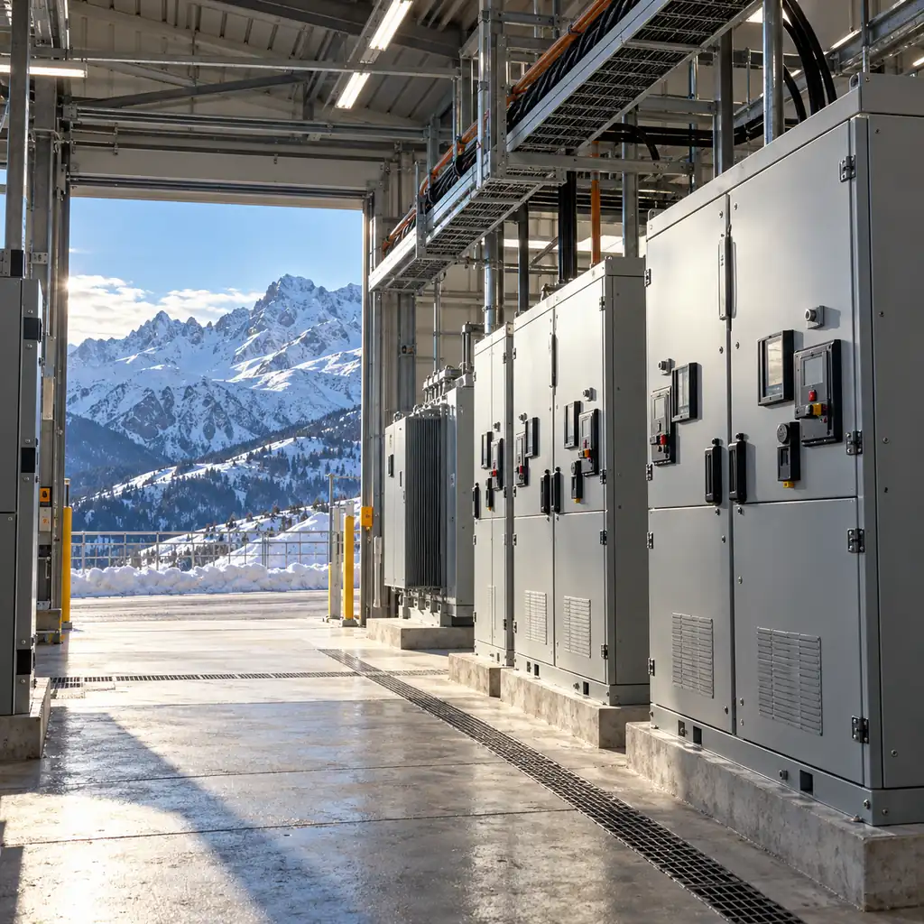 A data center switchroom at a high altitude site with outdoor switchgear cubicles, a snow capped mountain range visible through the loading door, cold sunlight, cable trays running overhead, no readable text, no labels