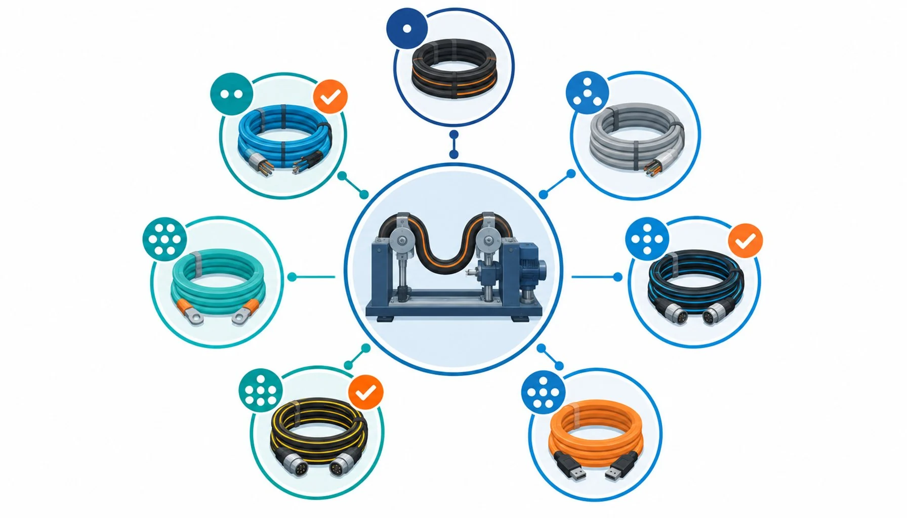 Flat infographic of seven question markers linked to a bending test rig and a cable coil icon