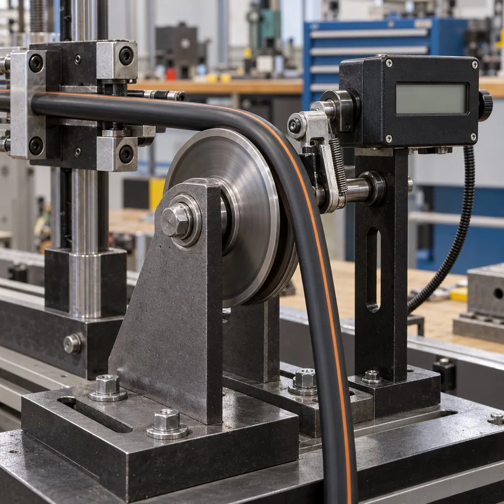 A close view of a bending test rig cycling a flexible cable around a small radius pulley while a counter records cycles